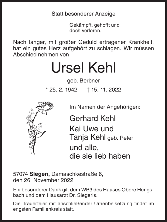 Traueranzeige von Ursel Kehl von Siegener Zeitung