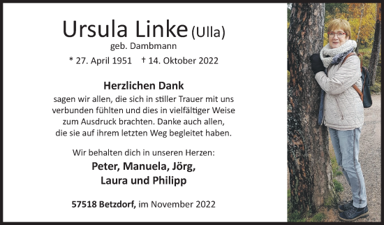 Traueranzeige von Ursula Linke von Siegener Zeitung
