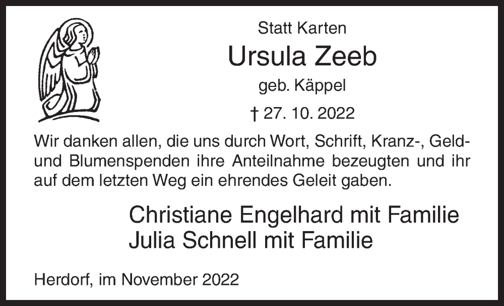  Traueranzeige für Ursula Zeeb vom 23.11.2022 aus Siegener Zeitung