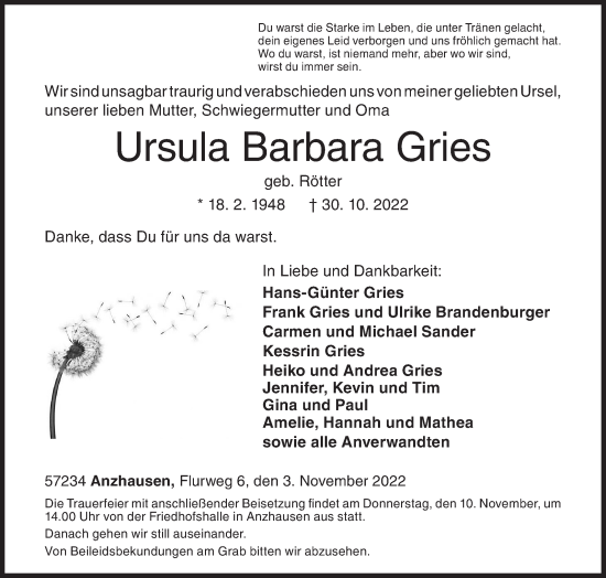 Traueranzeige von Ursula Barbara Gries von Siegener Zeitung