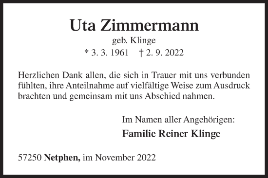 Traueranzeige von Uta Zimmermann von Siegener Zeitung