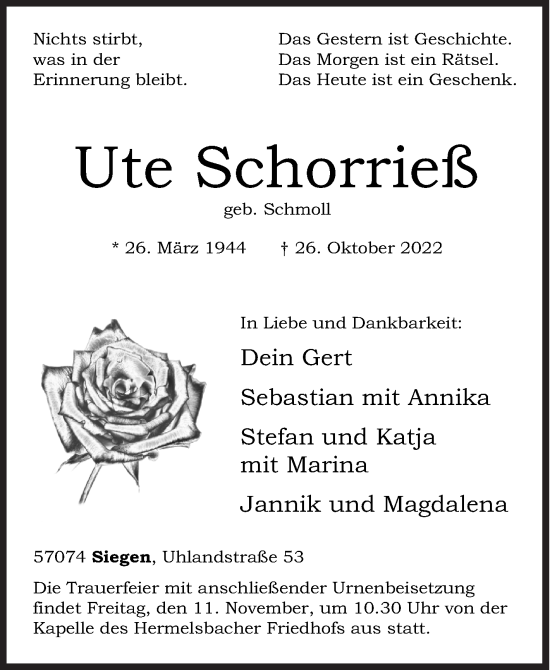 Traueranzeige von Ute Schorrieß von Siegener Zeitung
