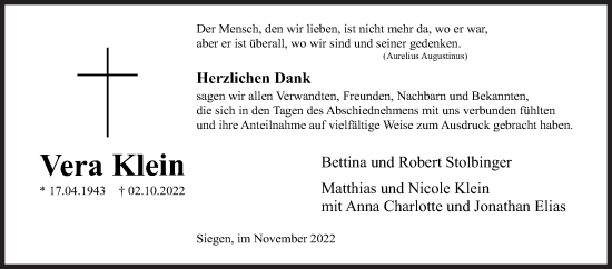 Traueranzeige von Vera Klein von Siegener Zeitung