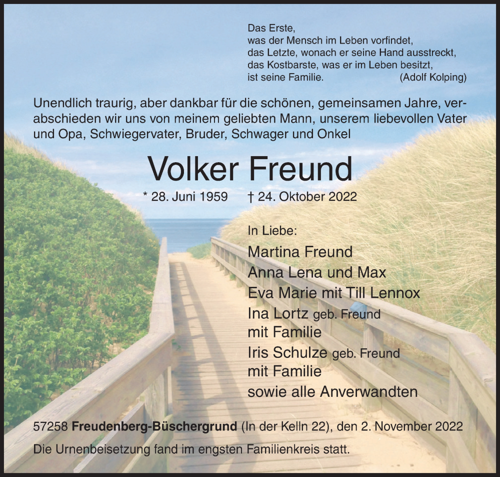  Traueranzeige für Volker Freund vom 02.11.2022 aus Siegener Zeitung