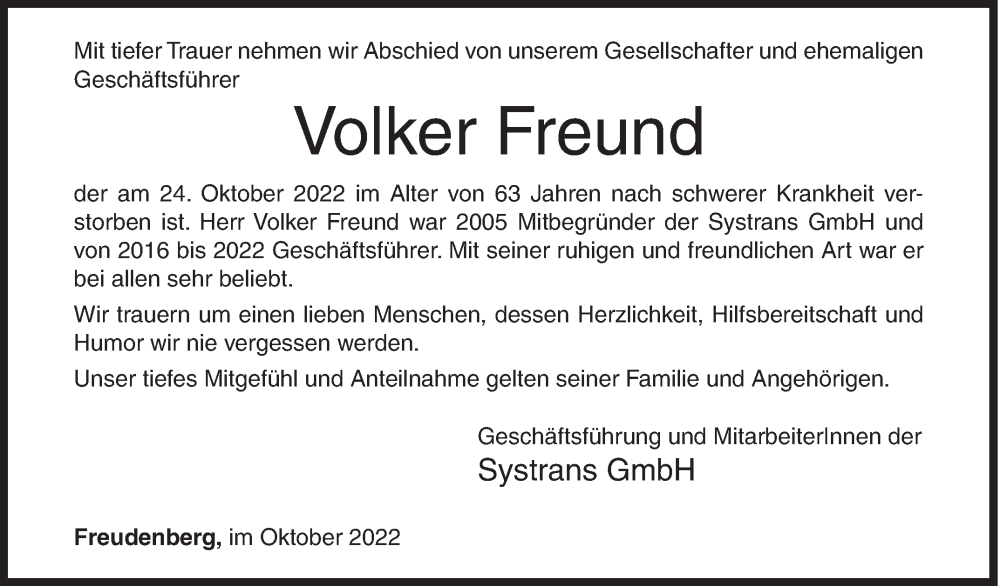  Traueranzeige für Volker Freund vom 02.11.2022 aus Siegener Zeitung
