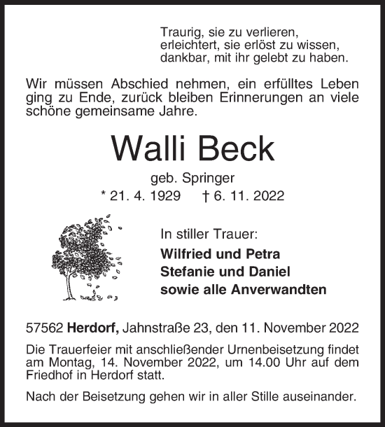Traueranzeige von Walli Beck von Siegener Zeitung