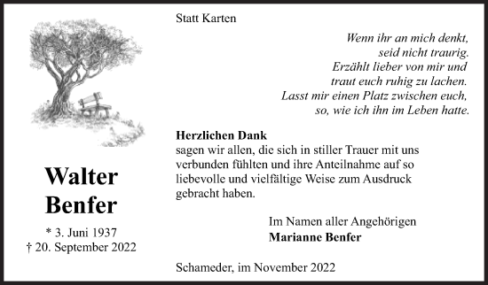 Traueranzeige von Walter Benfer von Siegener Zeitung