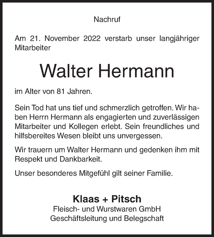  Traueranzeige für Walter Hermann vom 30.11.2022 aus Siegener Zeitung
