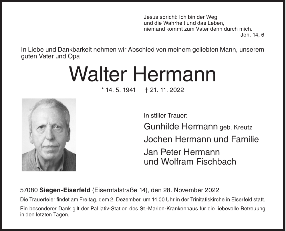 Traueranzeige für Walter Hermann vom 28.11.2022 aus Siegener Zeitung