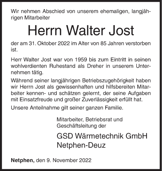 Traueranzeige von Walter Jost von Siegener Zeitung