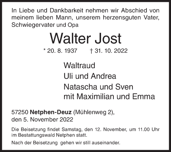 Traueranzeige von Walter Jost von Siegener Zeitung