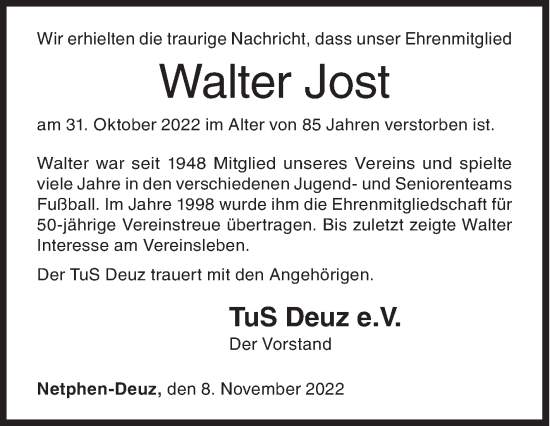 Traueranzeige von Walter Jost von Siegener Zeitung