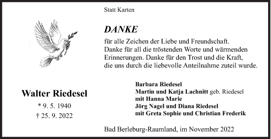 Traueranzeige von Walter Riedesel von Siegener Zeitung