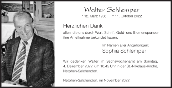 Traueranzeige von Walter Schlemper von Siegener Zeitung