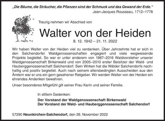 Traueranzeige von Walter von der Heiden von Siegener Zeitung