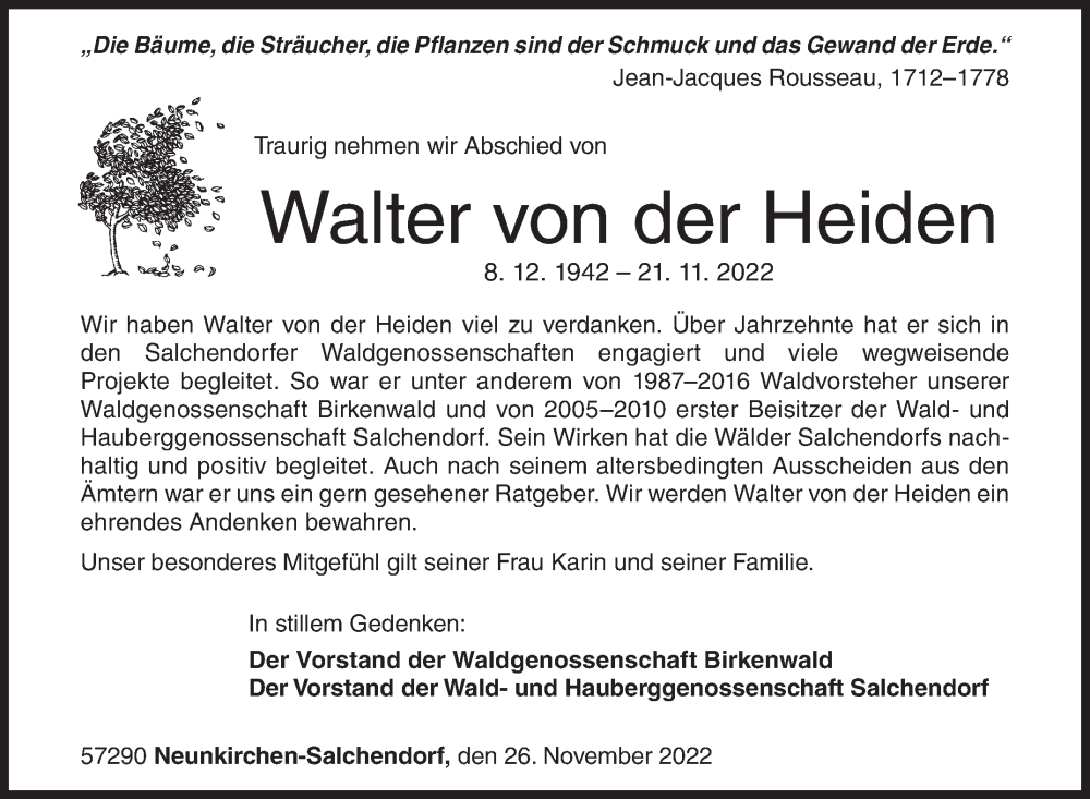  Traueranzeige für Walter von der Heiden vom 26.11.2022 aus Siegener Zeitung