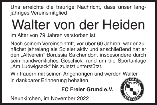 Traueranzeige von Walter von der Heiden von Siegener Zeitung