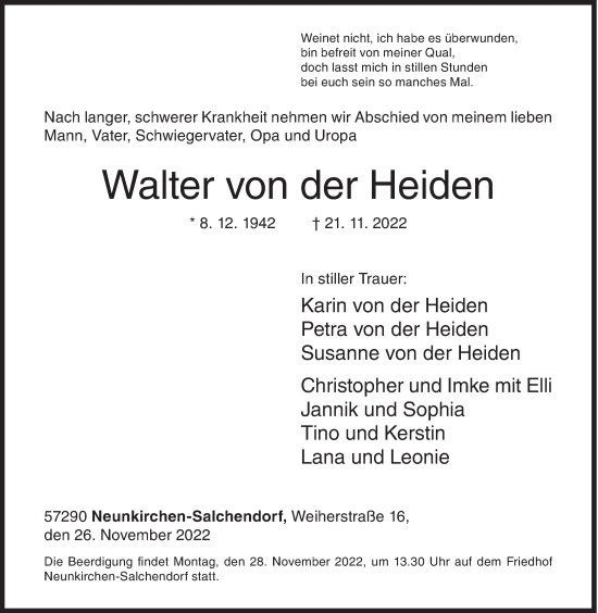 Traueranzeige von Walter von der Heiden von Siegener Zeitung
