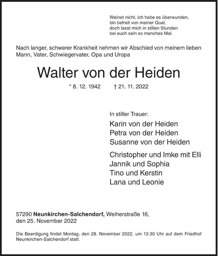  Traueranzeige für Walter von der Heiden vom 25.11.2022 aus Siegener Zeitung