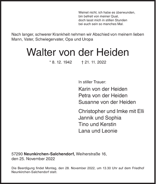 Traueranzeige von Walter von der Heiden von Siegener Zeitung