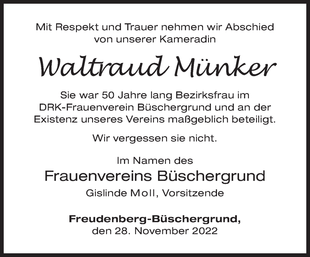  Traueranzeige für Waltraud Münker vom 28.11.2022 aus Siegener Zeitung