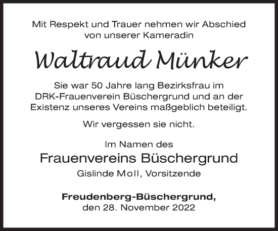Traueranzeige von Waltraud Münker von Siegener Zeitung