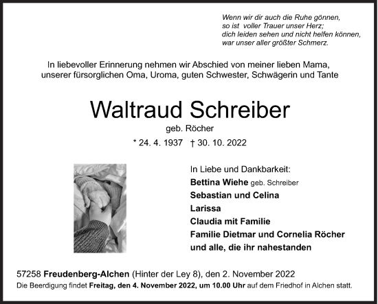 Traueranzeige von Waltraud Schreiber von Siegener Zeitung