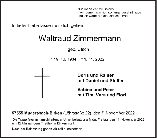 Traueranzeige von Waltraud Zimmermann von Siegener Zeitung