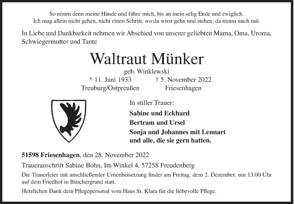  Traueranzeige für Waltraut Münker vom 28.11.2022 aus Siegener Zeitung