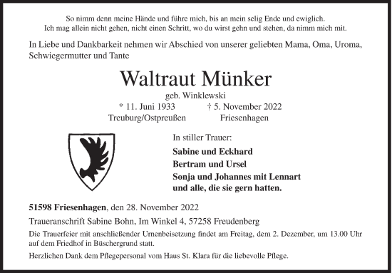 Traueranzeige von Waltraut Münker von Siegener Zeitung