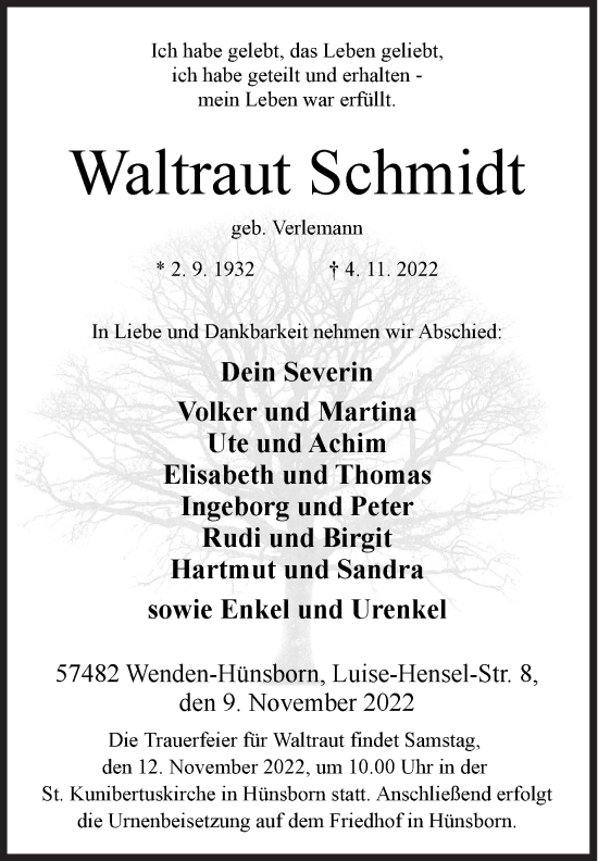 Traueranzeige von Waltraut Schmidt von Siegener Zeitung