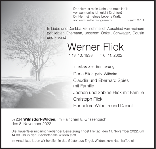 Traueranzeige von Werner Flick von Siegener Zeitung