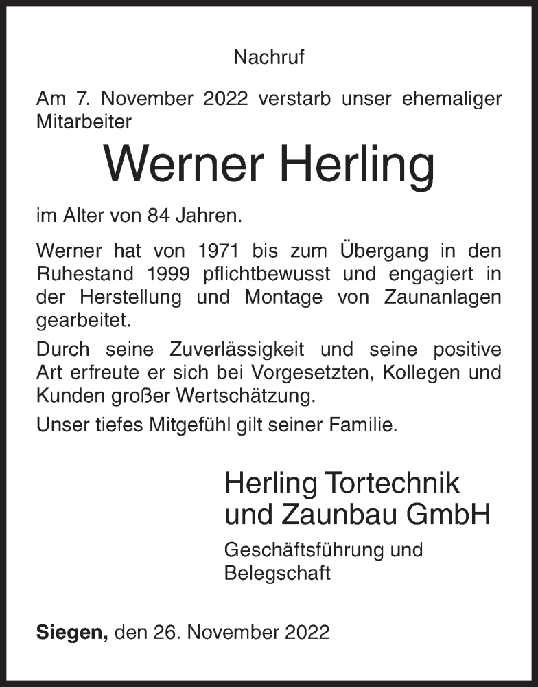  Traueranzeige für Werner Herling vom 26.11.2022 aus Siegener Zeitung
