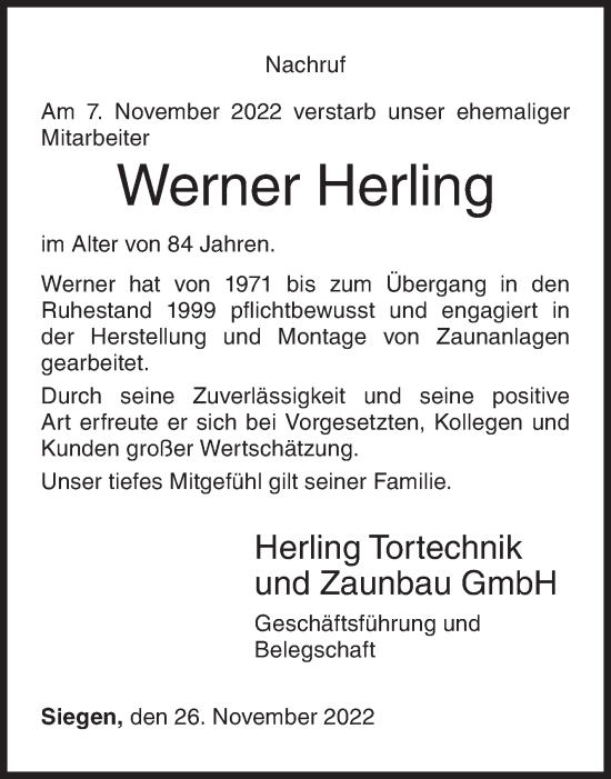 Traueranzeige von Werner Herling von Siegener Zeitung