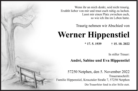 Traueranzeige von Werner Hippenstiel von Siegener Zeitung