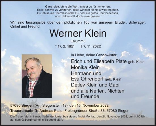 Traueranzeige von Werner Klein von Siegener Zeitung