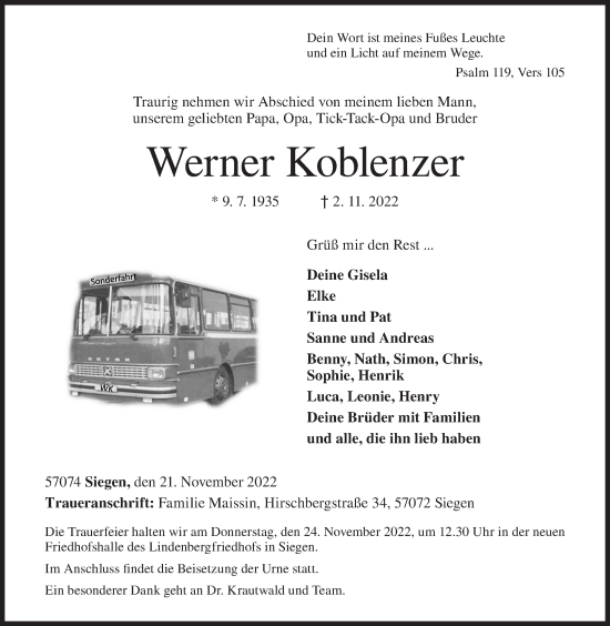 Traueranzeige von Werner Koblenzer von Siegener Zeitung