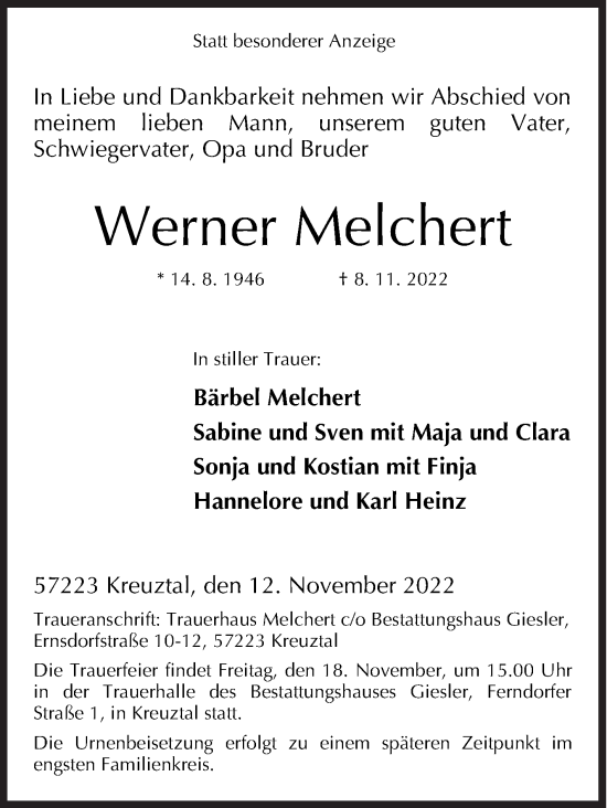 Traueranzeige von Werner Melchert von Siegener Zeitung
