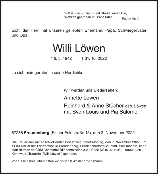 Traueranzeige von Willi Löwen von Siegener Zeitung
