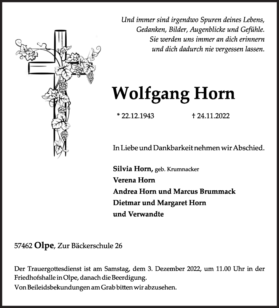  Traueranzeige für Wolfgang Horn vom 26.11.2022 aus Siegener Zeitung