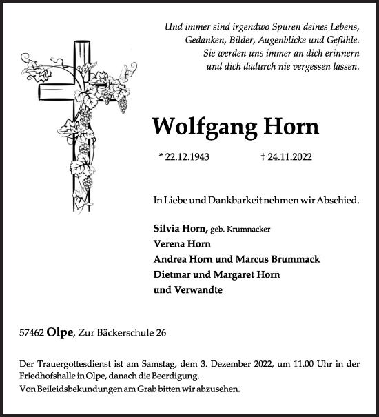 Traueranzeige von Wolfgang Horn von Siegener Zeitung