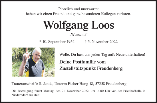 Traueranzeige von Wolfgang Loos von Siegener Zeitung