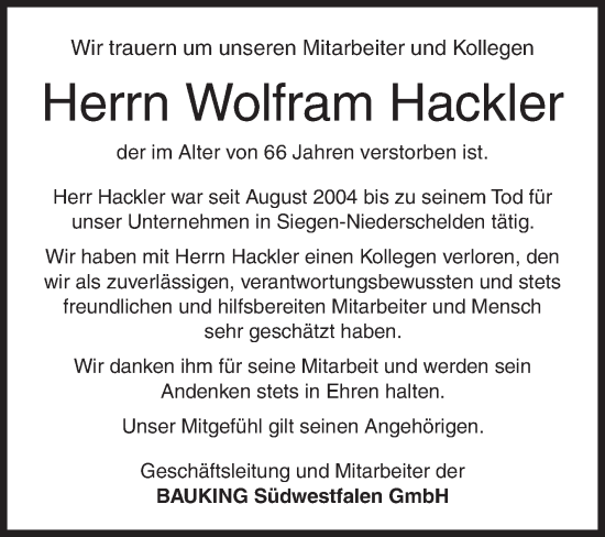 Traueranzeige von Wolfram Hackler von Siegener Zeitung