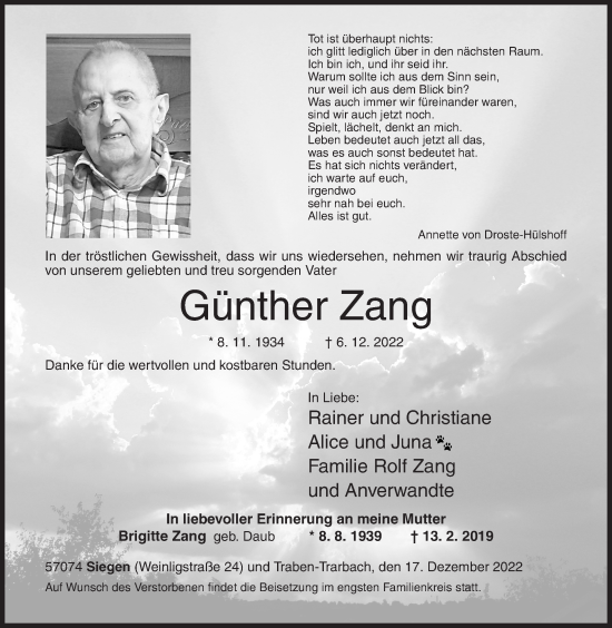 Traueranzeige von Günther Zang 