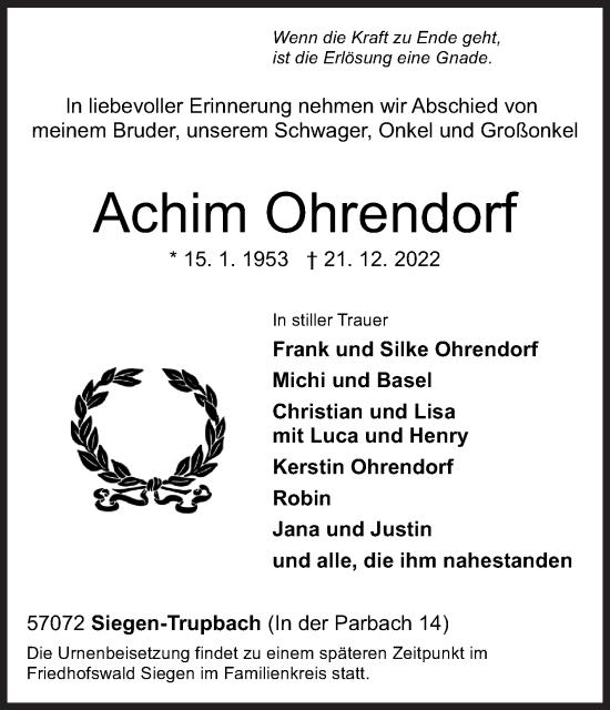 Traueranzeige von Achim Ohrendorf von Siegener Zeitung