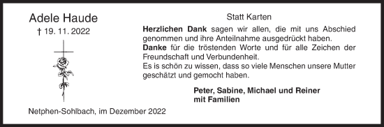 Traueranzeige von Adele Haude von Siegener Zeitung