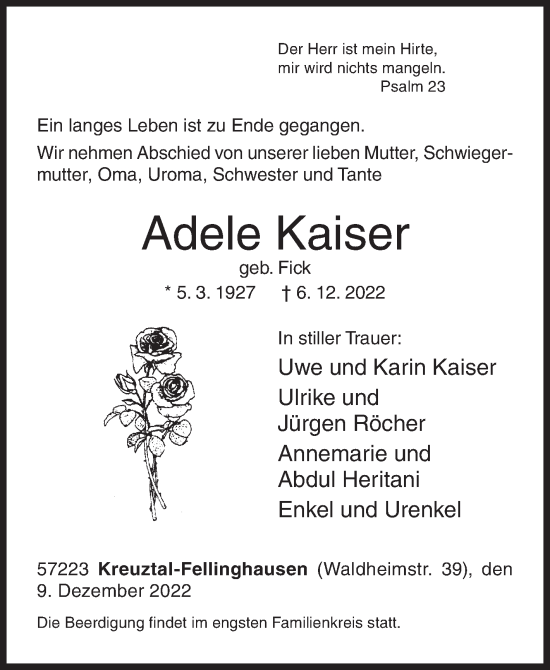 Traueranzeige von Adele Kaiser von Siegener Zeitung