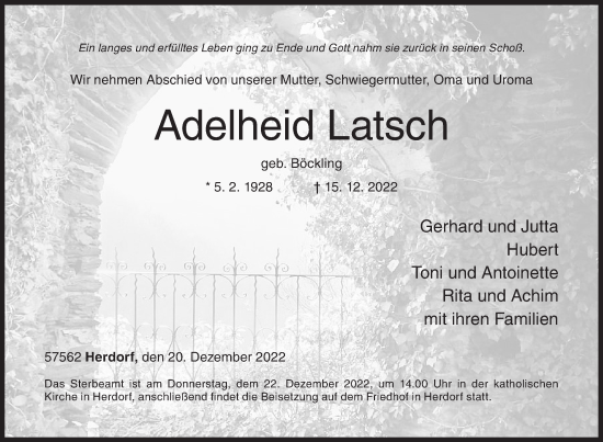 Traueranzeige von Adelheid Latsch von Siegener Zeitung