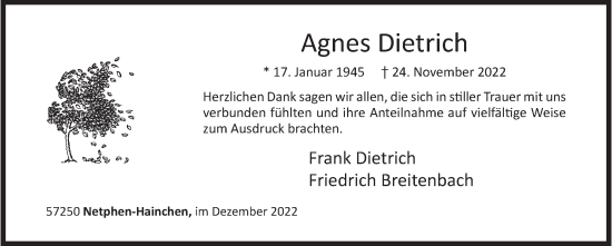 Traueranzeige von Agnes Dietrich von Siegener Zeitung