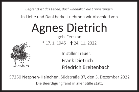 Traueranzeige von Agnes Dietrich von Siegener Zeitung